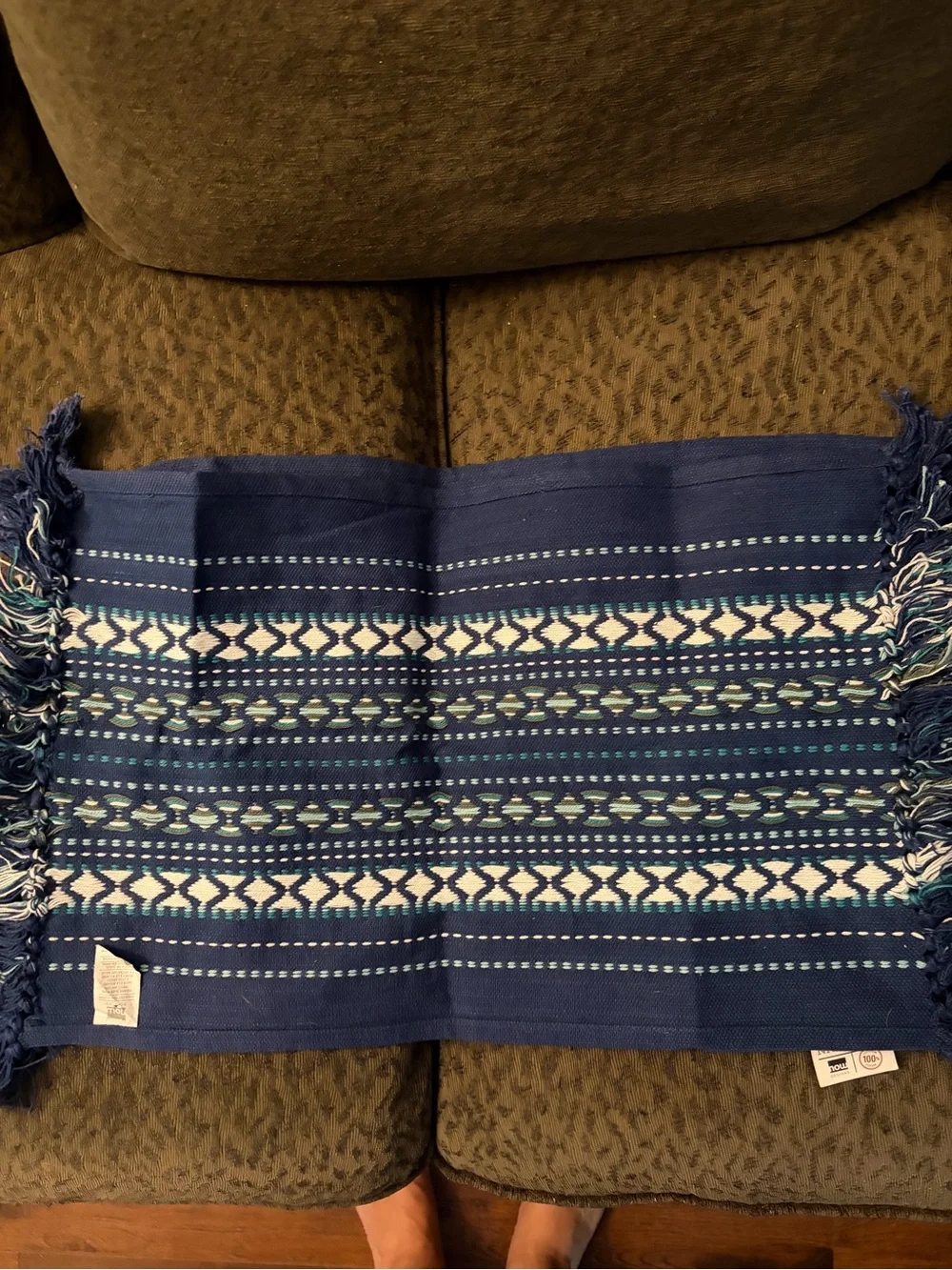 Blue Woven Fringe Placemat Runner with Geometric Pattern